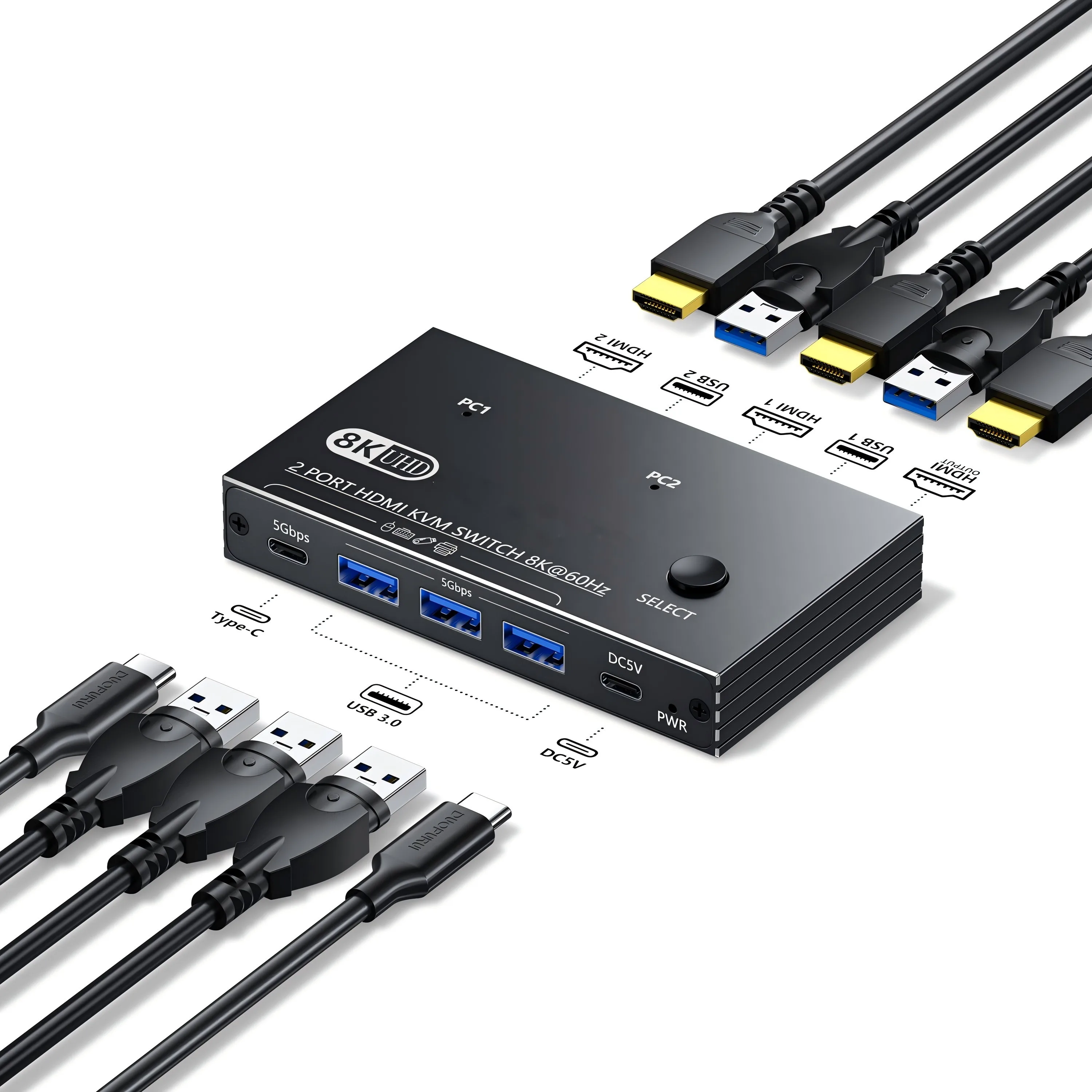 

8K@60Hz HDMI KVM Switch 2 Port USB 3.0 Hub 5Gbps with Control Button & Cables for Dual PC Share 1 Monitor and 4 Devices