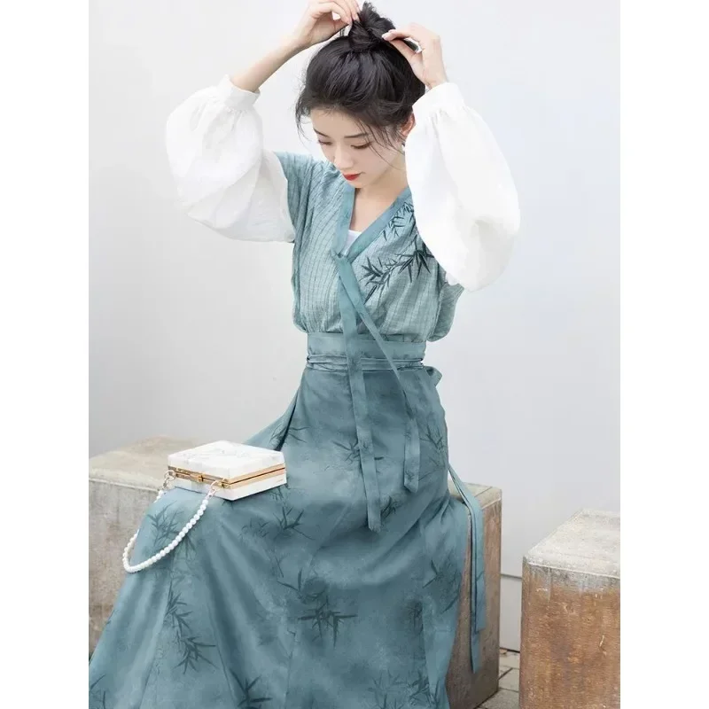 2024 autunno elegante bambù blu stampato maniche lunghe abiti Hanfu 3 pezzi vestiti Casual moderni migliorati da donna Vestidos Chinos