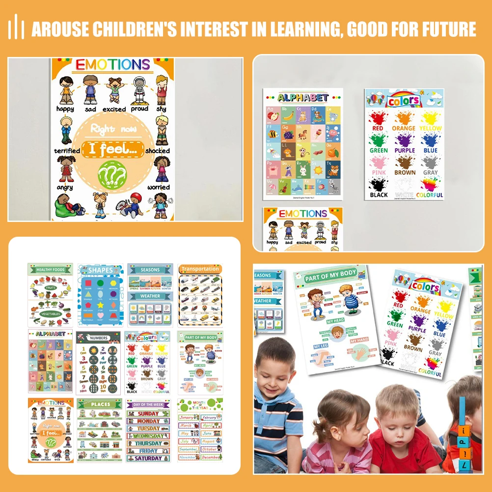 12 Sheets English Learning Posters Cognitive Shapes Educational Tools Kids Accessories Bright Colors Cartoon Patterns
