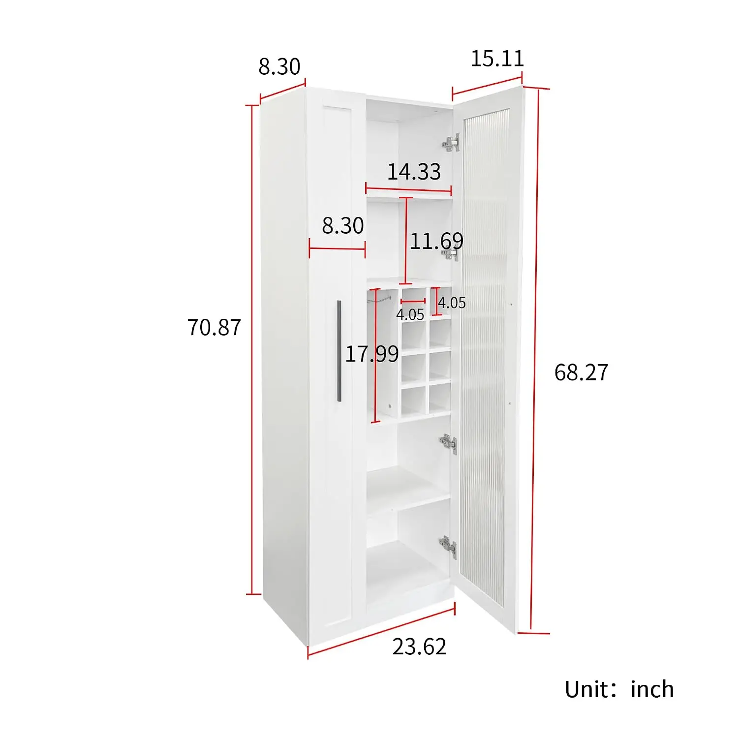 Slim 5-Tier Kitchen Pantry Cabinet, Mobile Pull-Out Storage with Glass Door Wine Rack, Corner Home Bar, White, Customized
