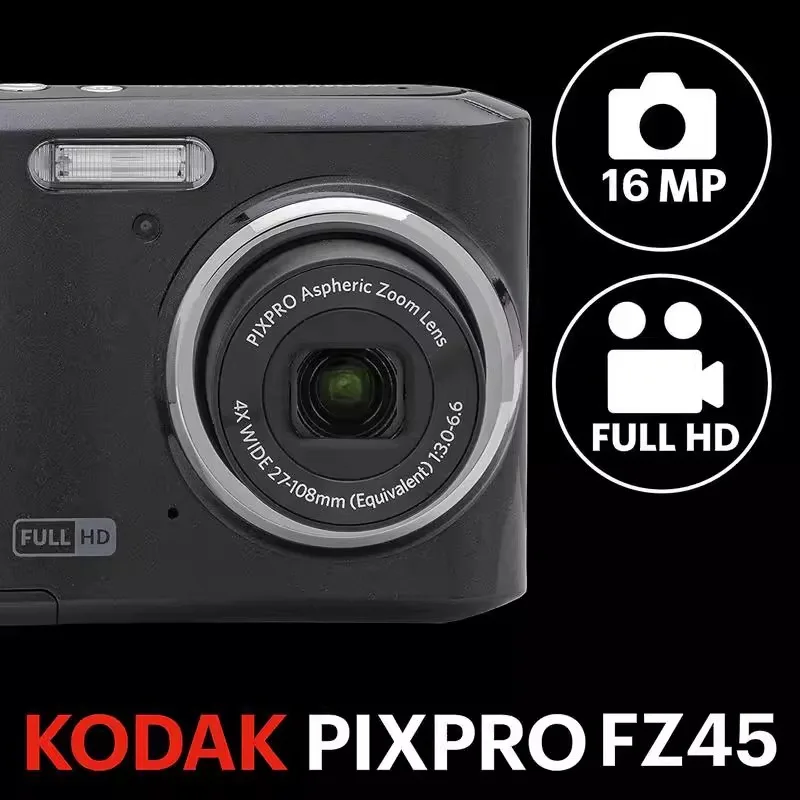 كاميرا Kodak Pixpro FZ45 الرائعة بتكبير رقمي بدقة 16 ميجابكسل، زووم بصري: 4 × فيديو عالي الدقة باللون الأبيض، فيديو HDR، بطارية مدمجة