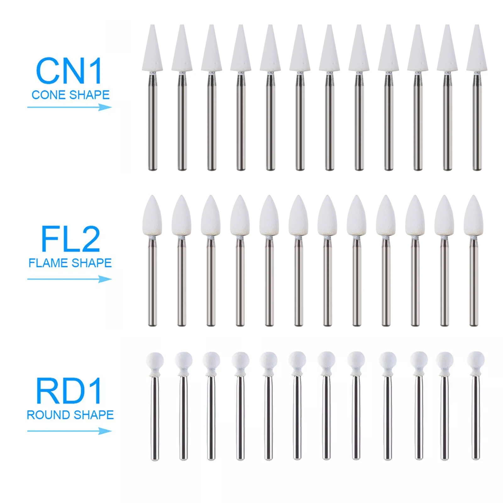 12x Dental Flame Polish FG White Stone Polishing Burs FL2/CN1/RD1 Abrasion Point Bur High Speed Handpiece