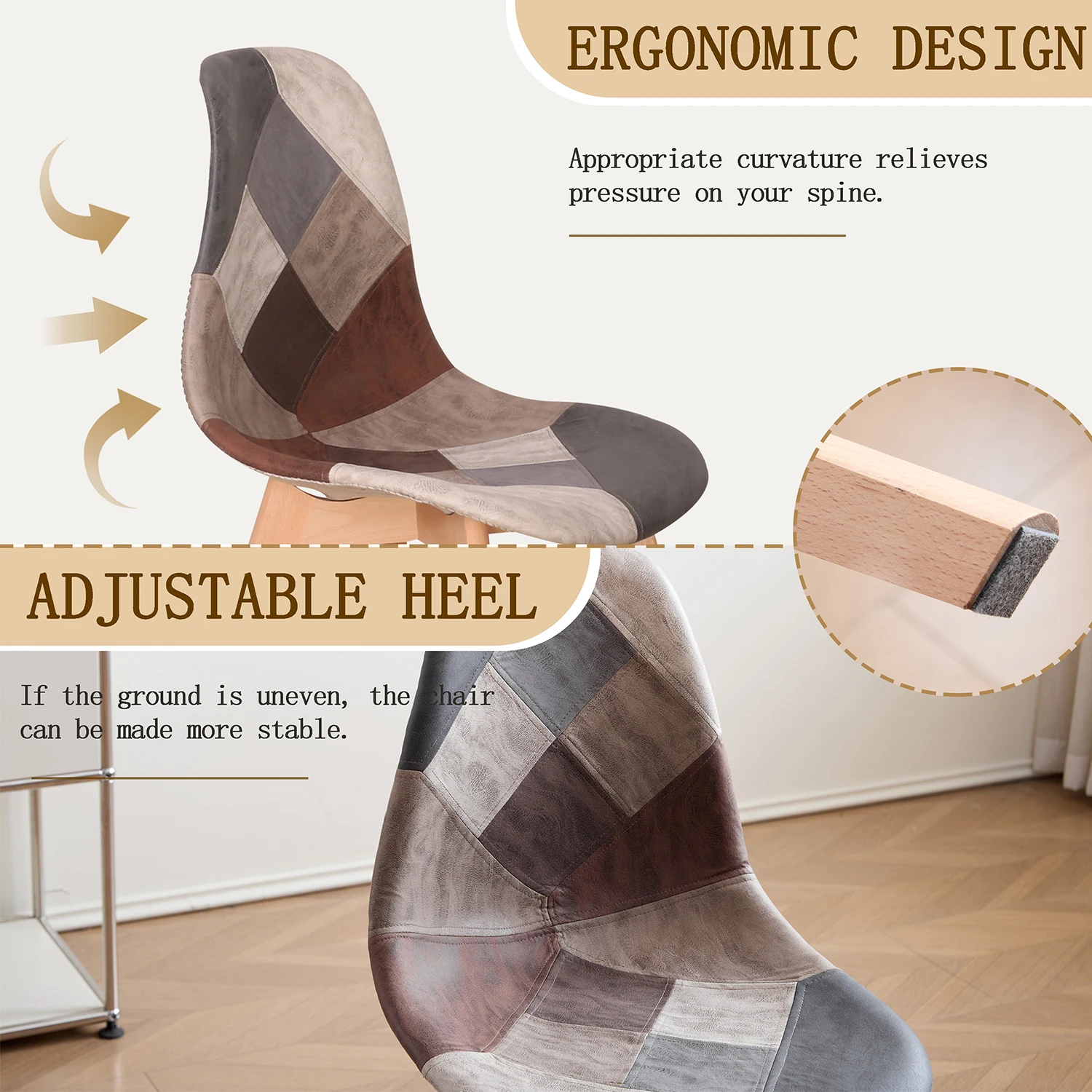 GrandCA HOME 4-teiliges Set Nordische Mittelalterliche Esszimmerstühle mit Buchenholzbeinen und Patchwork-Stoff für Küche, Esszimmer, Wohnzimmer – Detail 4