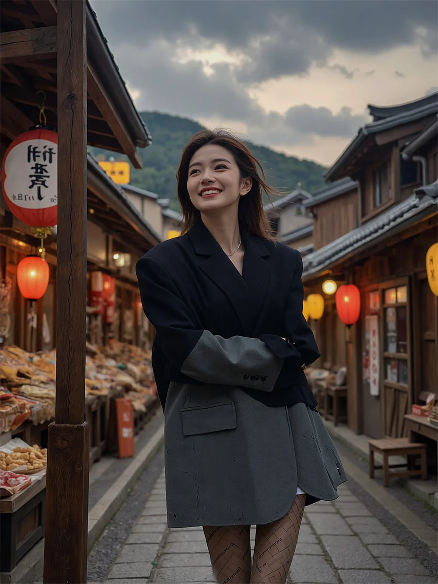 

Лоскутные свободные пиджаки с зубцами для женщин, одежда 2025 года, женская одежда с градиентом, подчеркивающая кашемир, эластичная универсальная отделка с отделкой OL