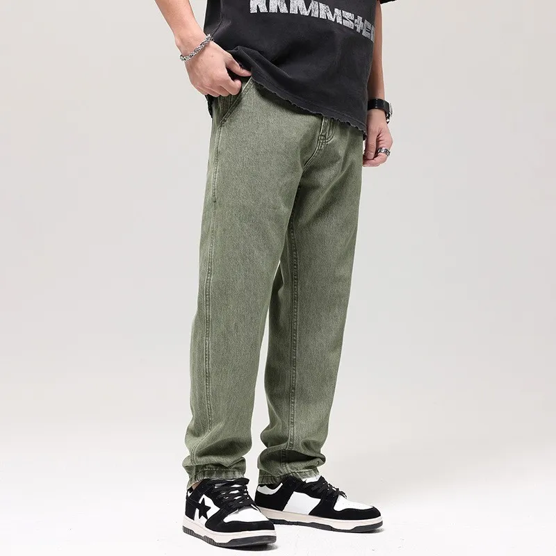 Moda uliczna Mężczyźni Jeans Loose Fit Green Casual Denim Cargo Pants Hombre Multi Pockets Spliced Designer Hip Hop Straight Jeans