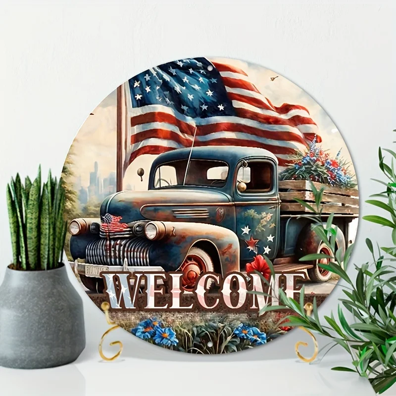 

Aluminum Metal Sign Vintage Style Patriotic Truck Metal Round Wreath Sign, Welcome Wreath Sign