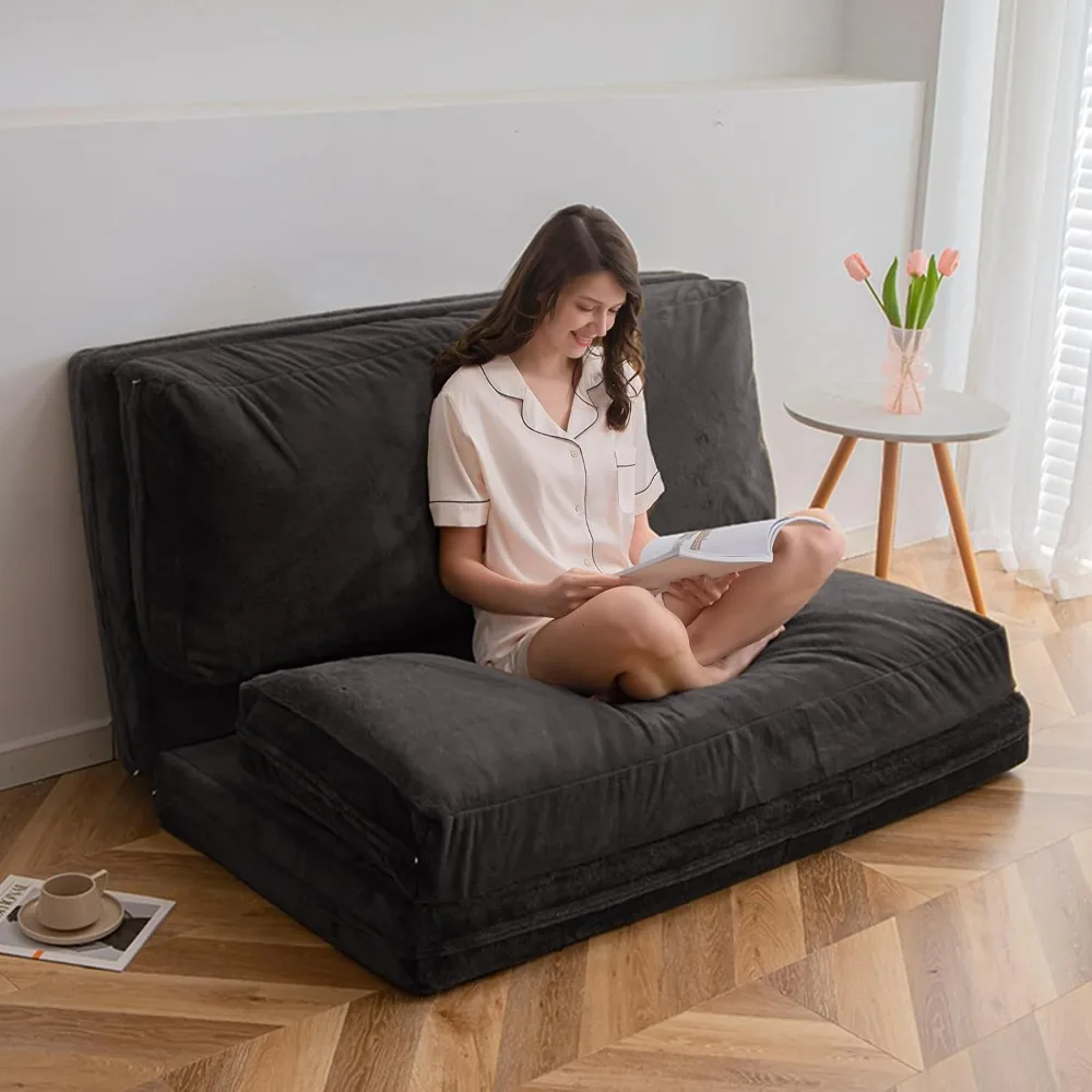 Folding Sofa Bed with Extra Thick Floor Mattress, Washable Faux Fur Cover for Adults