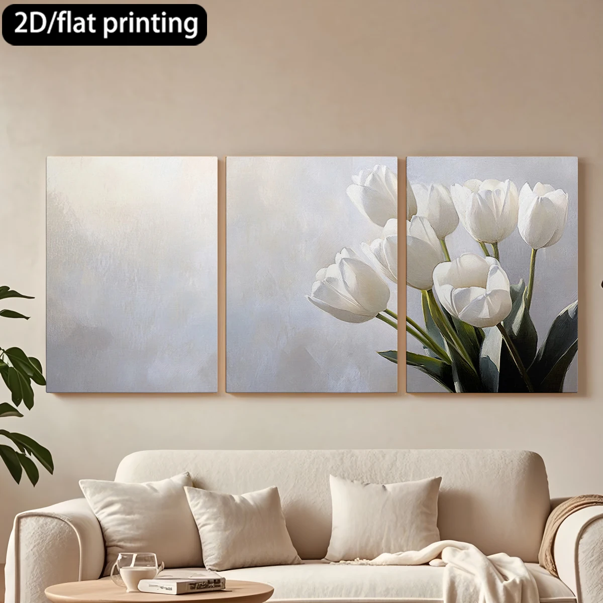 

2D-печать на плоской поверхности, 3-х частная декоративная картина на холсте в деревянной раме. Белые тюльпаны, фон с мягкими оттенками. Декор для коридора и спальни.