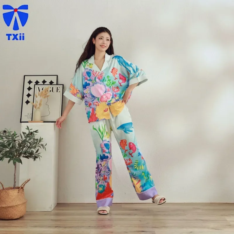 New autumn pajamas for women, sweet and cute ice silk, mid sleeved home clothes, cartoon printed set that can be worn outside