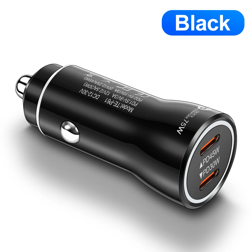 75 W 2-Port-USB-C-Autoladegerät mit PD30W PD45W Schnellladung Typ-C-Auto-Stecker-Feuerzeug-Adapter für Telefon