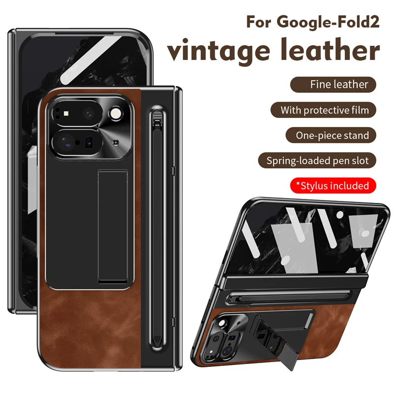 

Folding Screen Luxury Retro Leather Phone Case For Google Pixel 9pro Tempered Glass Front Film Pen Slot Phone Cover