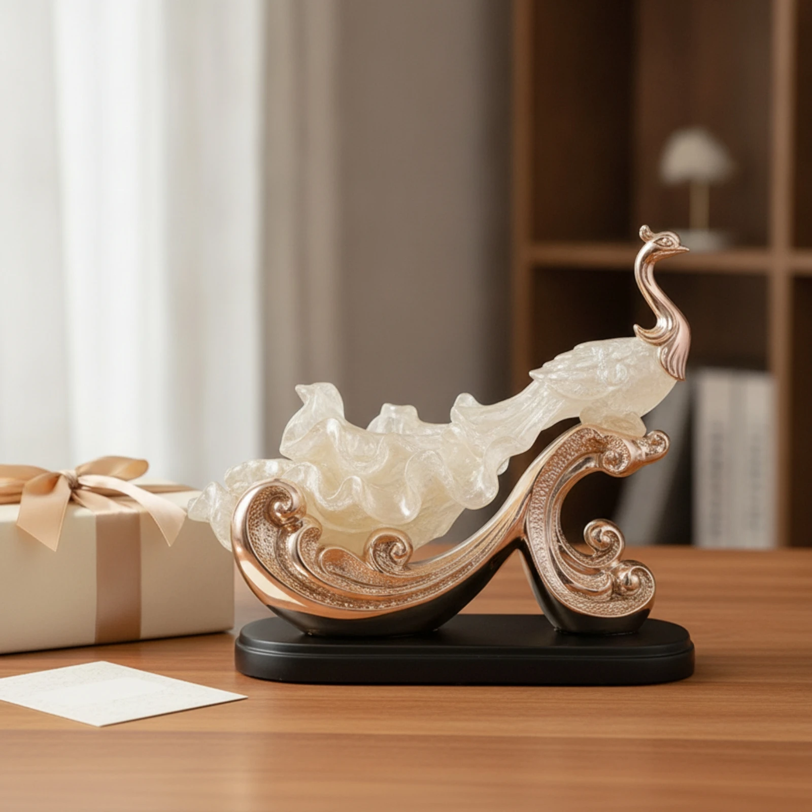 Peacock Figurine Translucent Sculpture with Base Phoenix Statue Lustrous-Look Peacock Statue Horizontal for Homeowners - view 5