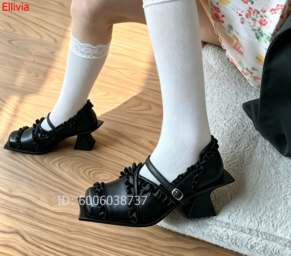 omen Black Square Toe Mary Jane Shoes Ruffle Trim Ankle Strap Buckle Flat Shoes Gothic Lolita Street Fashion Dress Footwear