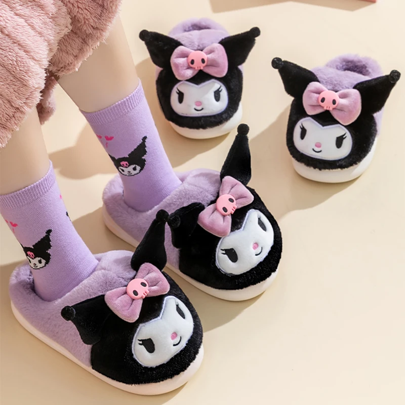 Sanrio Children Cotton Slippers Kuromi My Melody Cinnamoroll Anime Winter Cartoon Cute Non-Slip Home Warm Shoes Gift for Kids