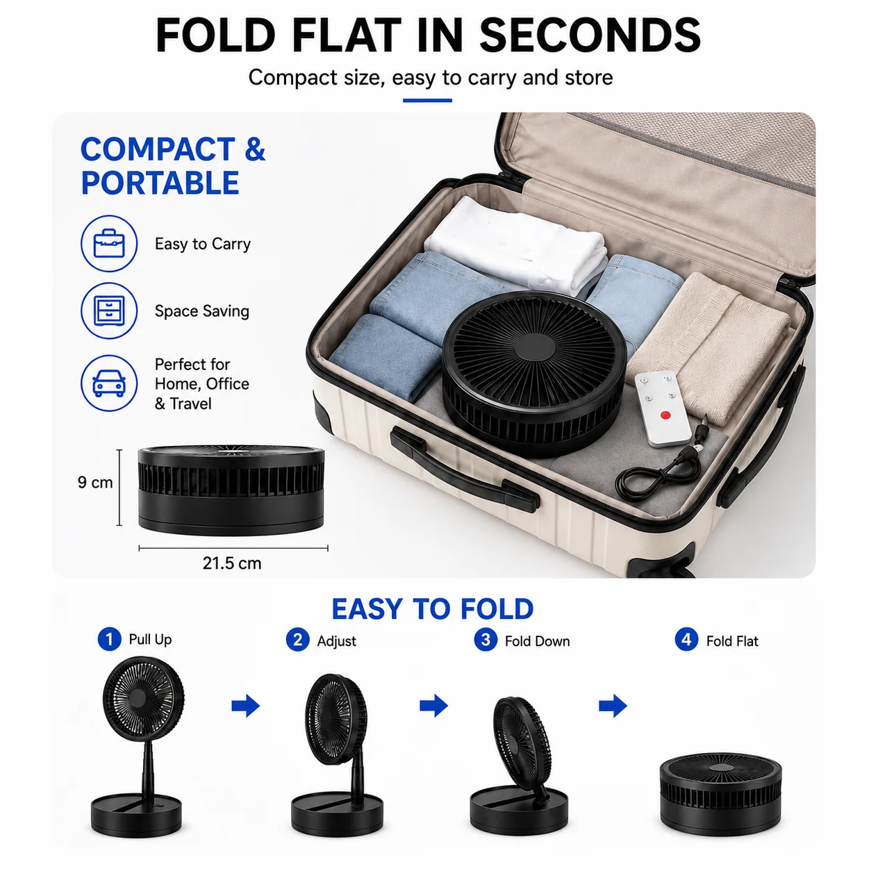 8000mAh Foldable Telescopic Silent USB Fan 3 Speed Wide Air Circulation 3 In 1 Desktop Wall Handheld Fan For Home Dorm Office