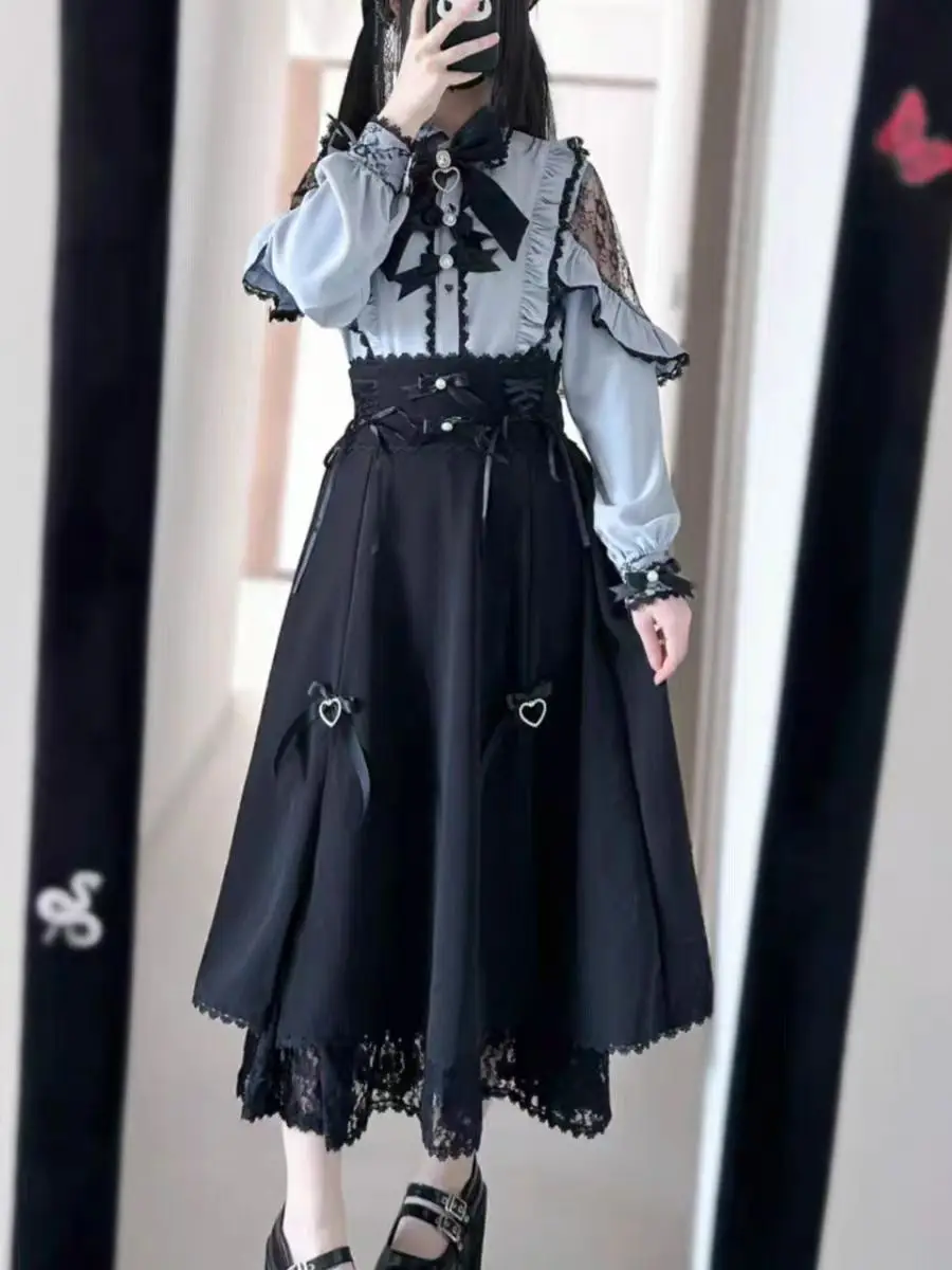 

Japanese Lolita Lace Patchwork Shirts Women + 2025 New Slim high Waist Midi Black Skirts sweet kawaii Two Piece Sets