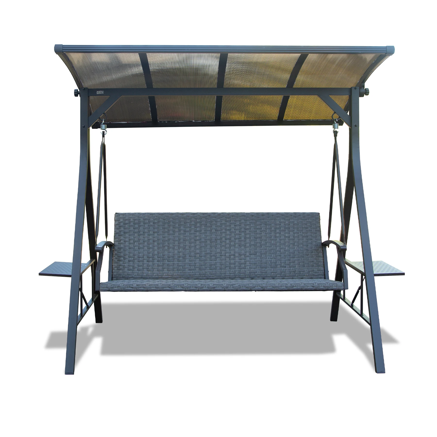 Outdoor 3-Seat Adjustable Canopy With Cotton Padded Wicker Seat and Backrest Metal Patio Seating Hanging Chair Swing