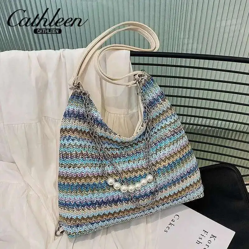 Versatile Bag Casual Bag One Shoulder Grass Weaving Lightweight And Fashionable Large Capacity Contrast Color Straw Braid Bag