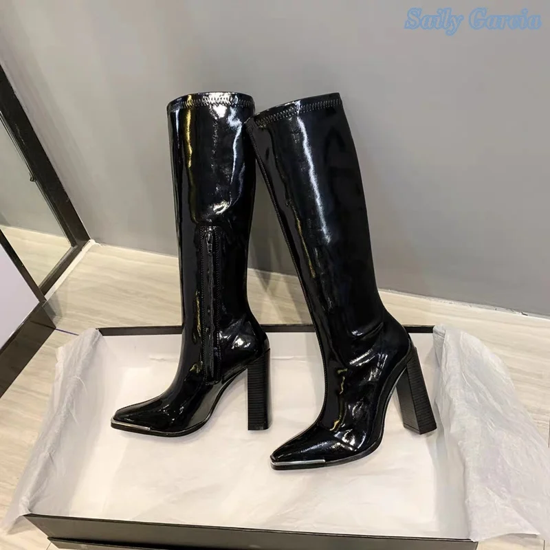 Black Super High Square Heel Boots Over Knee Winter Riding BuckleZip Solid New Arrival Fashion Party dress Catwalk Shoes