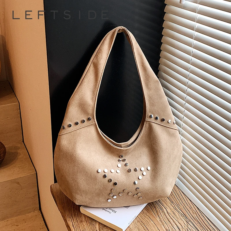 

Левая сторона, женская замшевая большая сумка на плечо, 2024, брендовая однотонная сумка подмышки, роскошные дизайнерские женские сумки-бродяги и кошельки