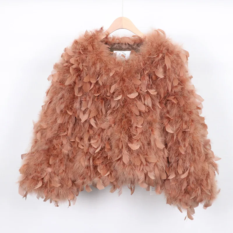 Fashion Luxury 100% Genuine Ostrich Feather Jacket Women Warm Turkey Short Coat Long Sleeve Casual Outerwear