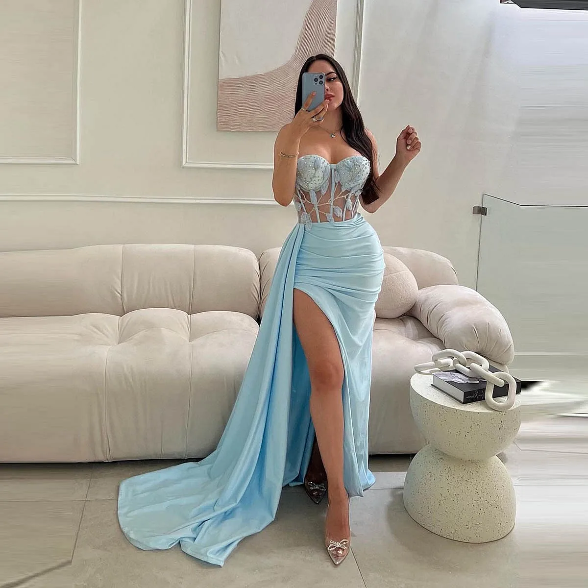 With Sweetheart Beads Appliques Pleats Exposed Boning Lace Up Back Wedding Party Formal Gowns Sky Blue Mermaid Prom Dresses