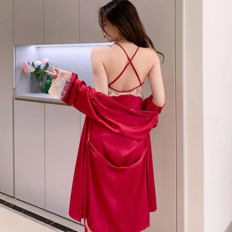 Full Slip LACE Robe Set Female SEXY Kimono Bathrobe Gown Perspective Bride Sleepwear V-Neck Home Wear Casual Short Nightgow