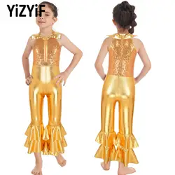 Mono de baile con lentejuelas brillantes para niños y niñas, o-ring de diamantes, pantalones largos escalonados con fondo de campana, estilo latino, Ballet, Jazz, leotardos de baile