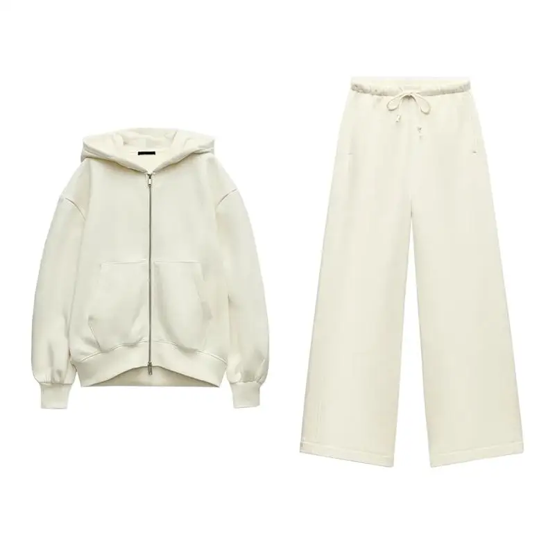 

Spring New Women's High Waist Velvet Straight Leg Pants Zipper Decorated Loose Sweatirt Casual Sportswear Set