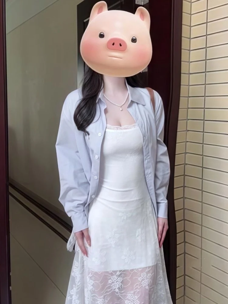 الكورية Sle المرأة الخريف الشتاء الأزرق الدانتيل المحاصيل الأعلى وتنورة مجموعة طويلة Sve الوجه طوق منتصف طول Faion فرقة #1