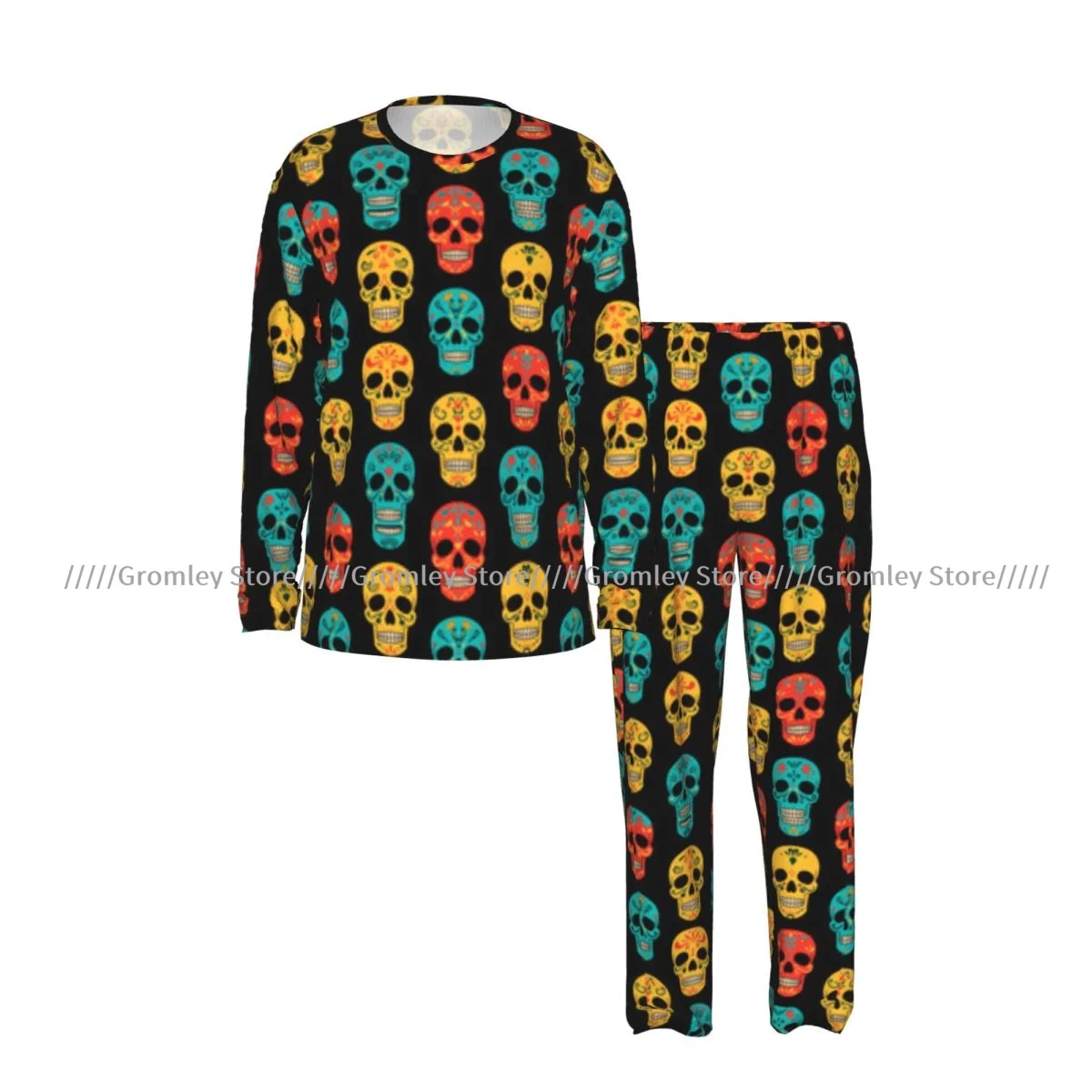 Men's Pajama Set Long Sleeve and Long Pants Colorful Skulls Illustration Soft Sleepwear for Home