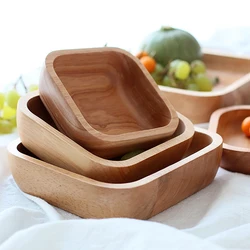 1Pc Square Wood Bowl 4 Size Fruit Salad Bowl Large Small Wooden Plate Snack Dessert Serving Dishes Food Container Wood Tableware