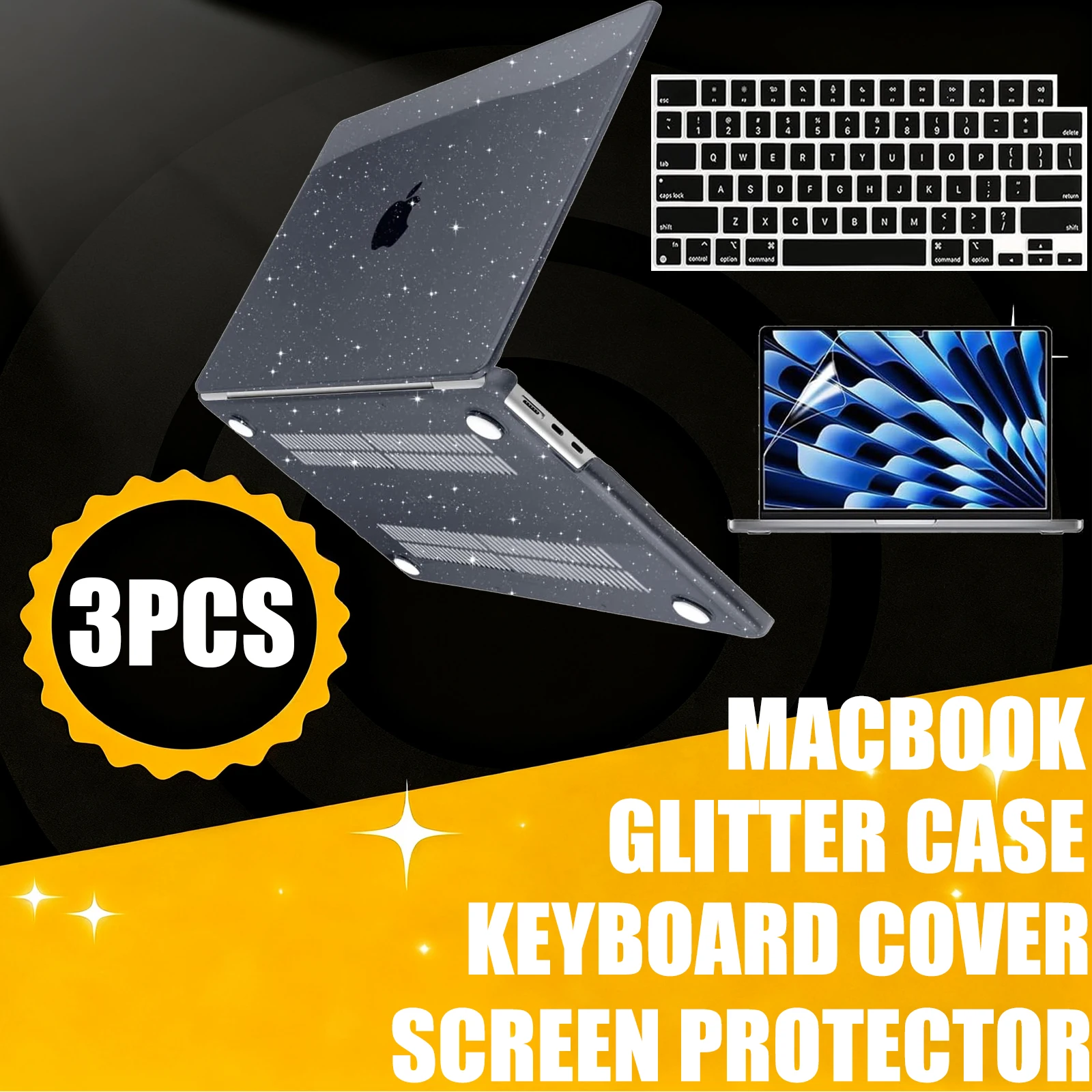 

Black Glitter Case For MacBook Pro 16 Inch M4 2025 2024-2021 M3 M2 M1 Pro/Max, Bling Hard Shell Cover &Keyboard Skin