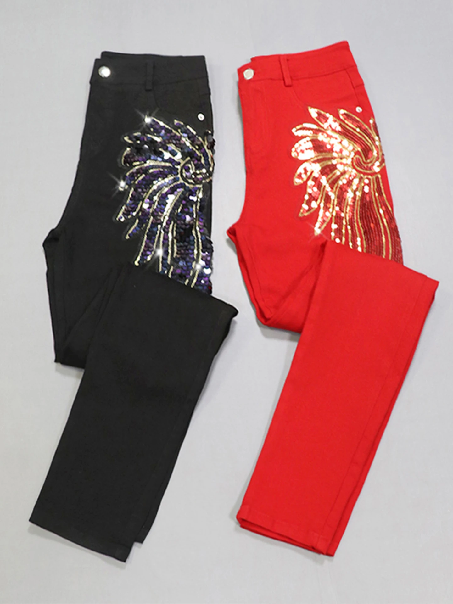 Embroidered Slim Fit Pants Women's 2026 New Korean Style Bright Sequin Pattern Casual Cotton Trousers High Waist Zipper Closure