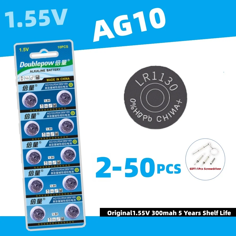 2-50pcs Doublepow AG10 Batteries  LR1130 LR54 L1131 SR1130 High Capacity Button Cell Coin Battery for Watches Calculators Lasers