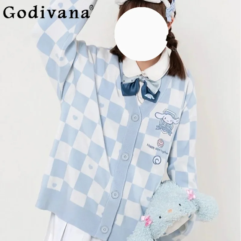 Girly Sweet Cute Loose Slim Oversized Knited Cardigan Preppy Cartoon Embroidery Student Pink Plaid Sweater Women Kawaii Clothes