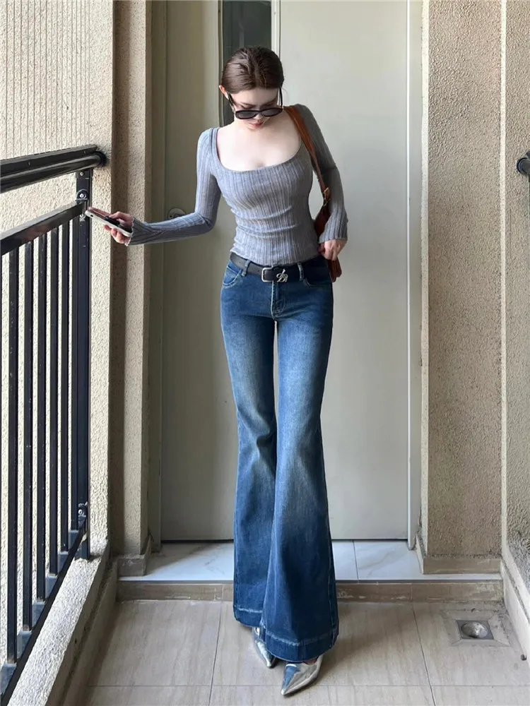 

Low Waist Bell Bottom Wide Leg Denim Jeans Women's Spring Autumn Loose Slimming Floor Length Pants American High Street Retro...