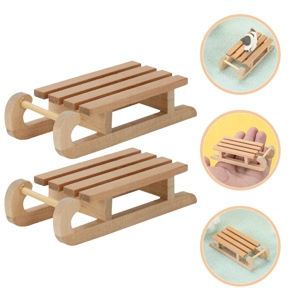 2 Pcs Wooden Sled Scene Layout Decor Miniature Models Sleigh Christmas Tree House Prop Birch Child Creative DIY