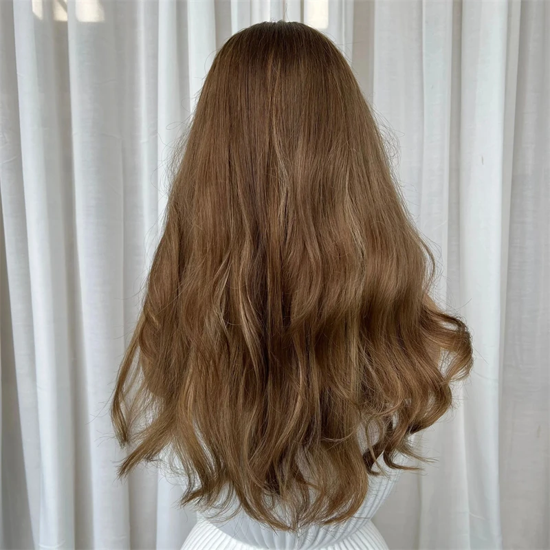 Boa qualidade ombre marrom loira peruca sintética topo hd perucas dianteiras do laço para as mulheres destaque peruca longa onda resistente ao calor fibra cabelo