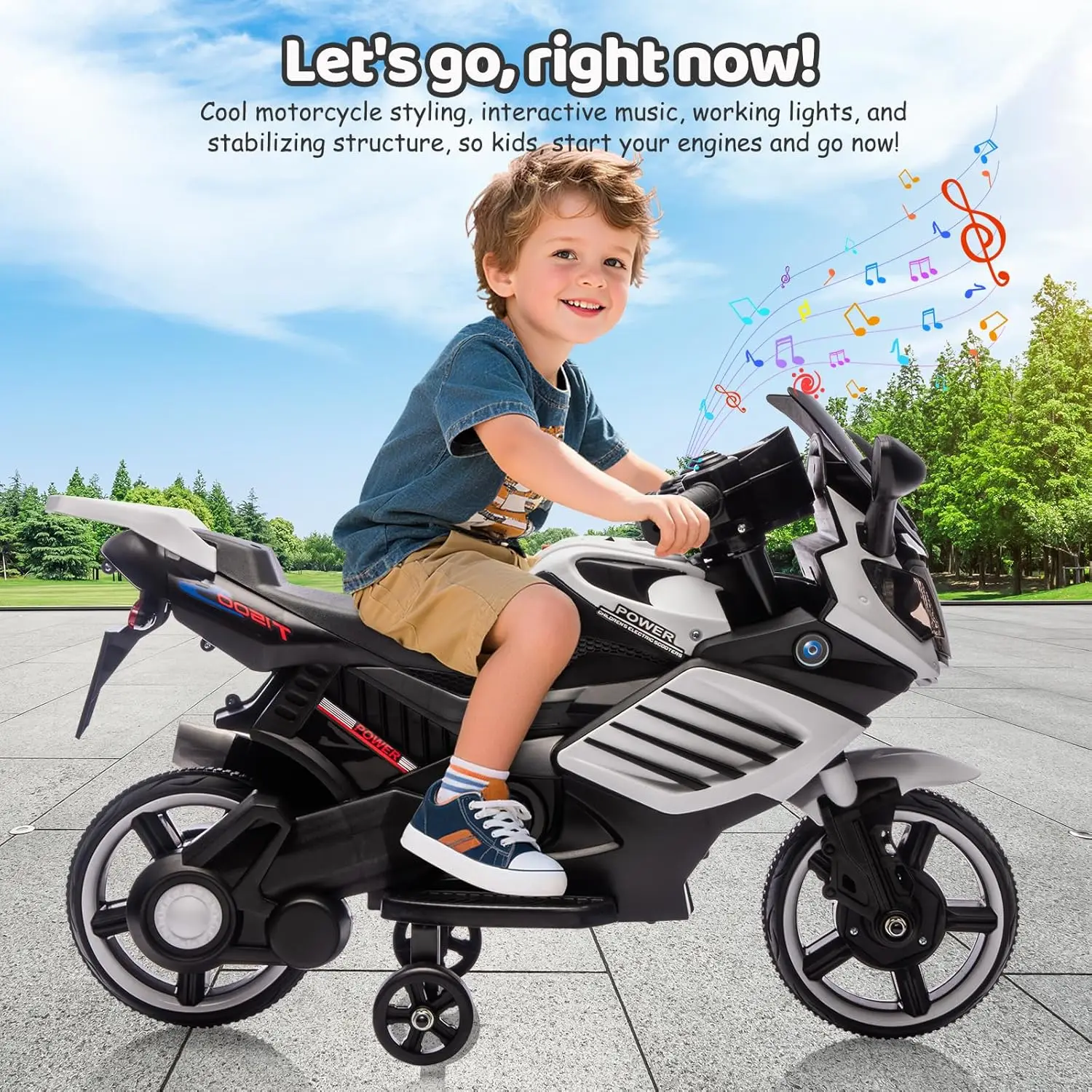 Kids Ride On Motorcycle, 6V Electric Motorcycle, w/Horn, Headlight, Music, Training Wheels, Ride On Toys for Kids Boys Girls
