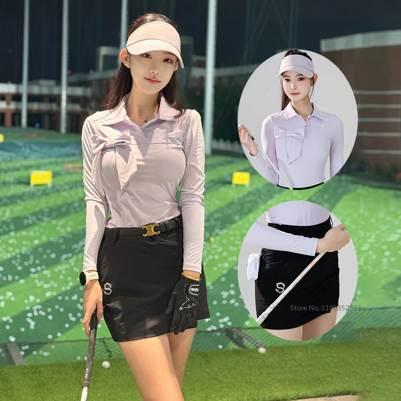 SG Golf Women's New Korean Long-sleeved T-shirt Elastic Jersey Bowknot Tops Ladies Pencil Skirts with Short A-lined Slim Skorts