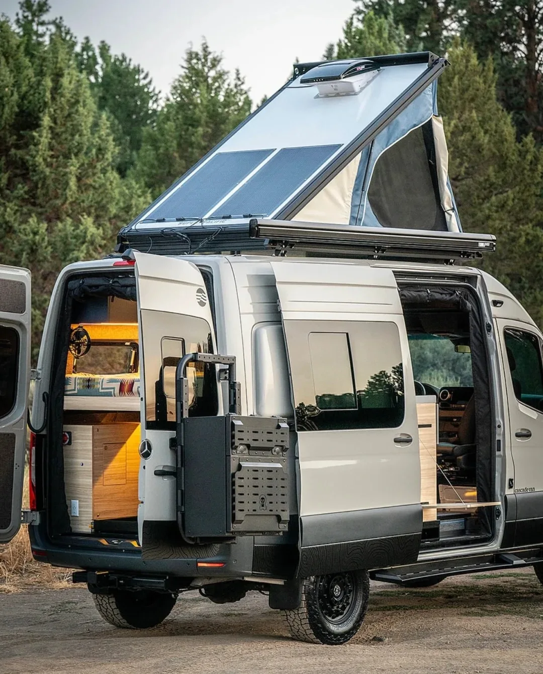 Camper RV Van Conversion Kits with Luxury  Bed and Wood Interior Cabinets and Viewing Platform