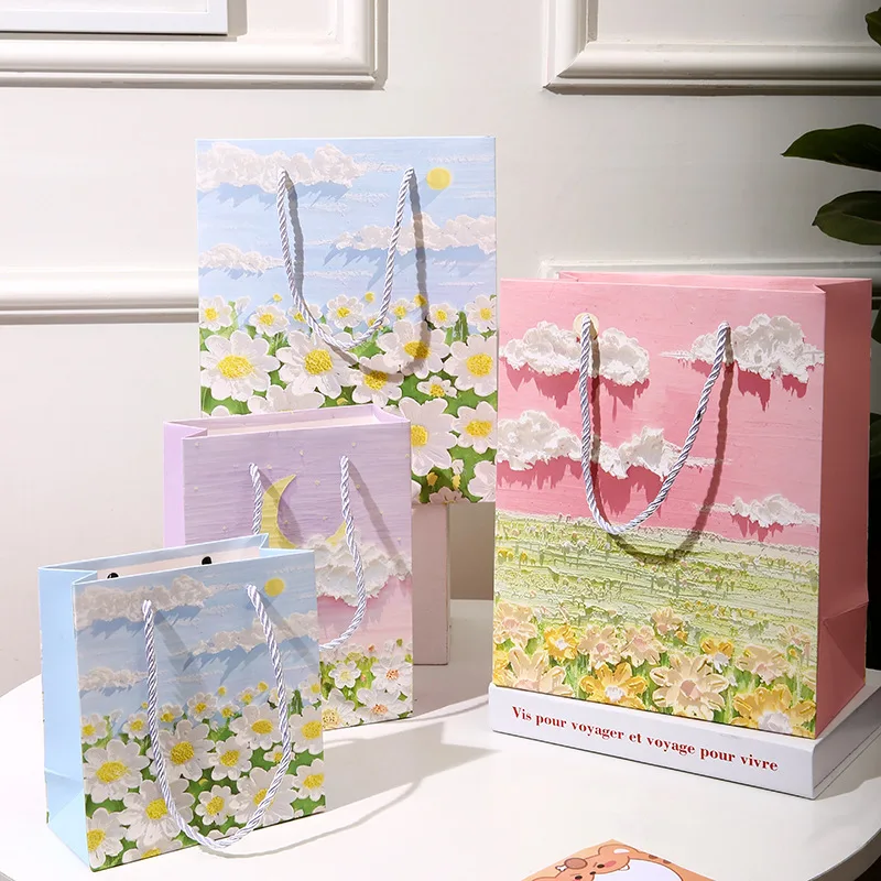12pcs Oil Painting Paper Hand Bags For Candy Festival Valentines Day Gift Packaging Favors Birthday Party  Wedding Supplies