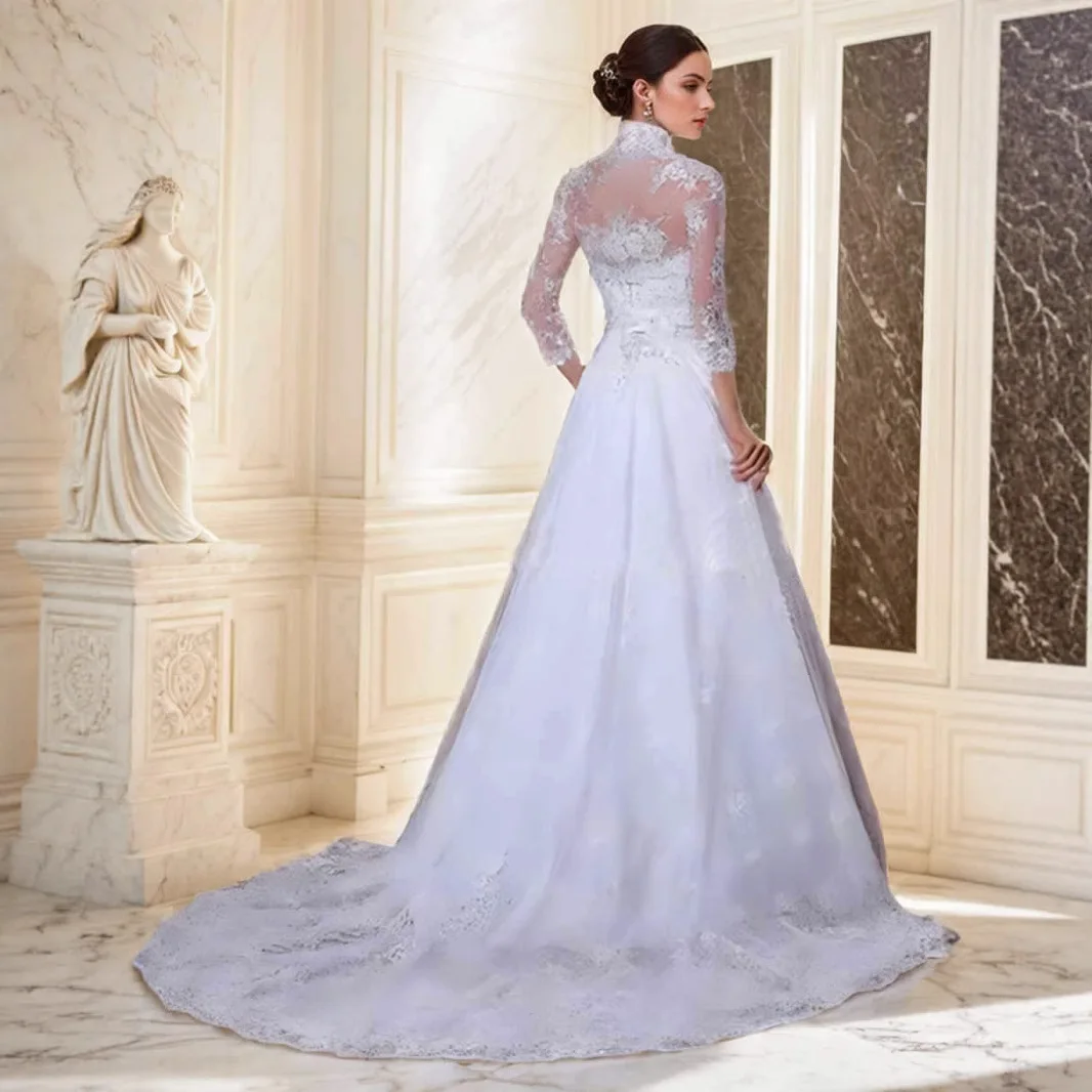 

Новое свадебное платье из французского кружева для невесты, стильное и индивидуальное расширенное летнее платье с длинными рукавами, добро пожаловать, маленький хвост