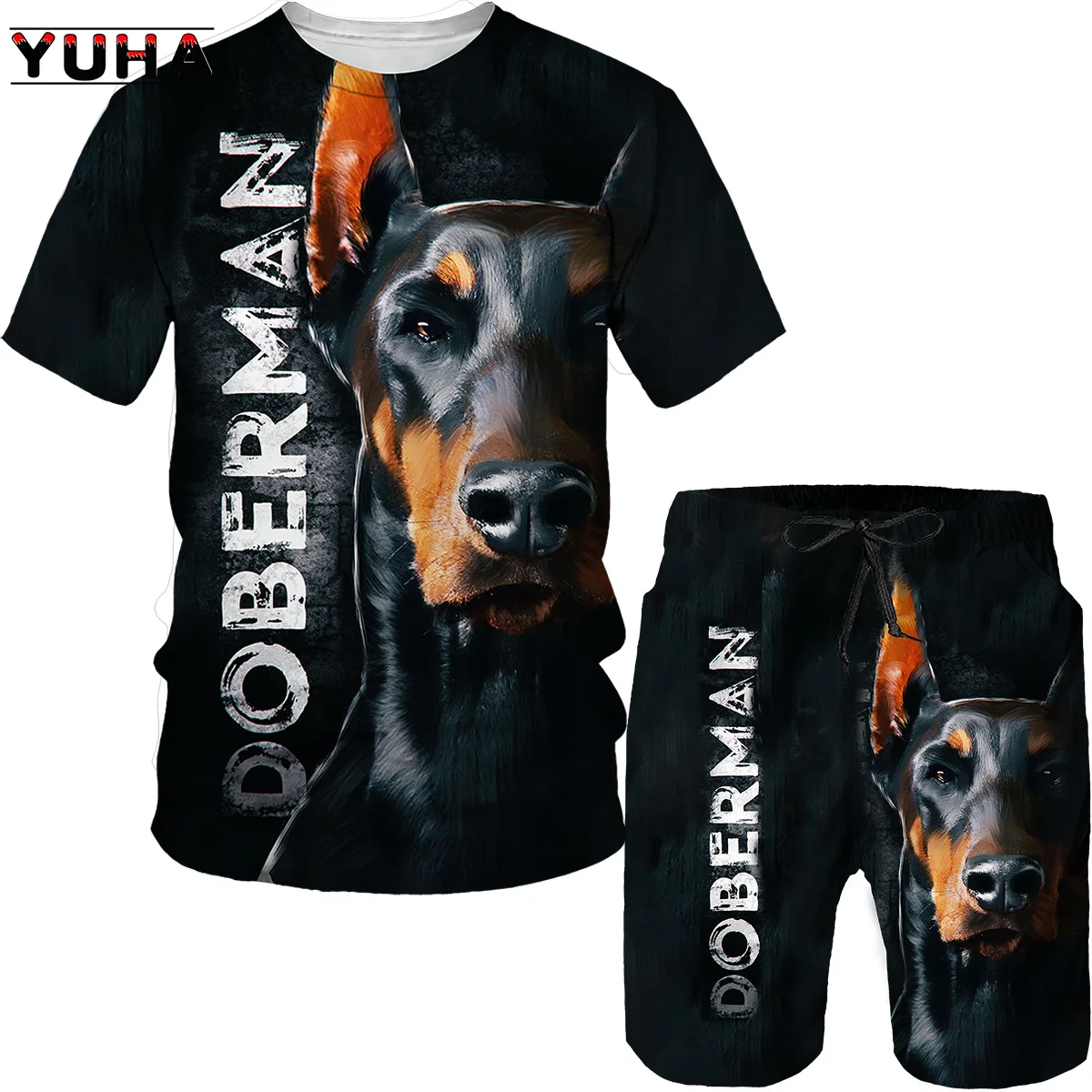 YUHA, Summer Doberman 3D Printed T Shirt and Men\'s T-shirts Shorts Fashion Sportswear Tracksuit O Neck Short Sleeve Mens Clothes