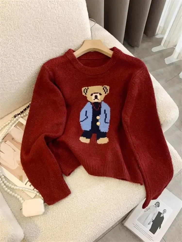 Kimotimo Cute Bear Jacquard Pullover Women O Neck Lazy Soft Cropped Sweater Autumn Winter Fashion Long Sleeve Knitted Tops