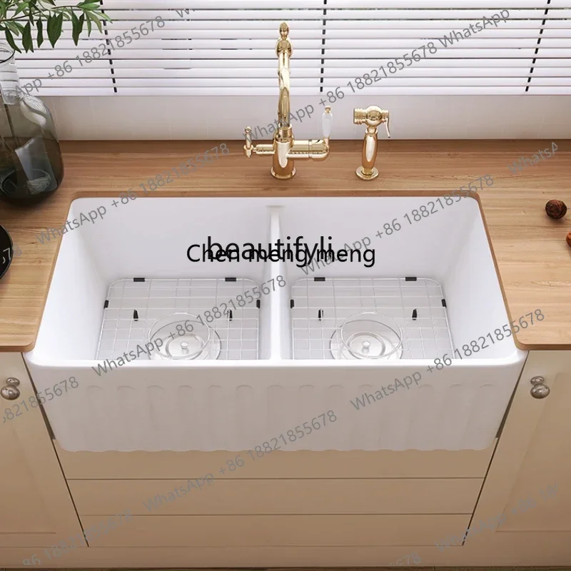 New arrive American kitchen double sink large vegetable basin French semi-embedded front retro ceramic sink