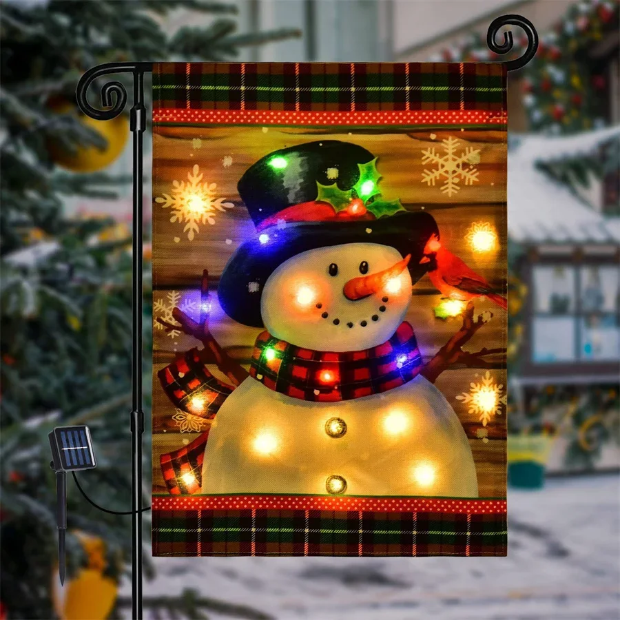 Solar Lighted Christmas Winter Garden Flag Outdoor LED Merry Christmas Snowman Flag Double Sided Christmas Flag Fairy Light