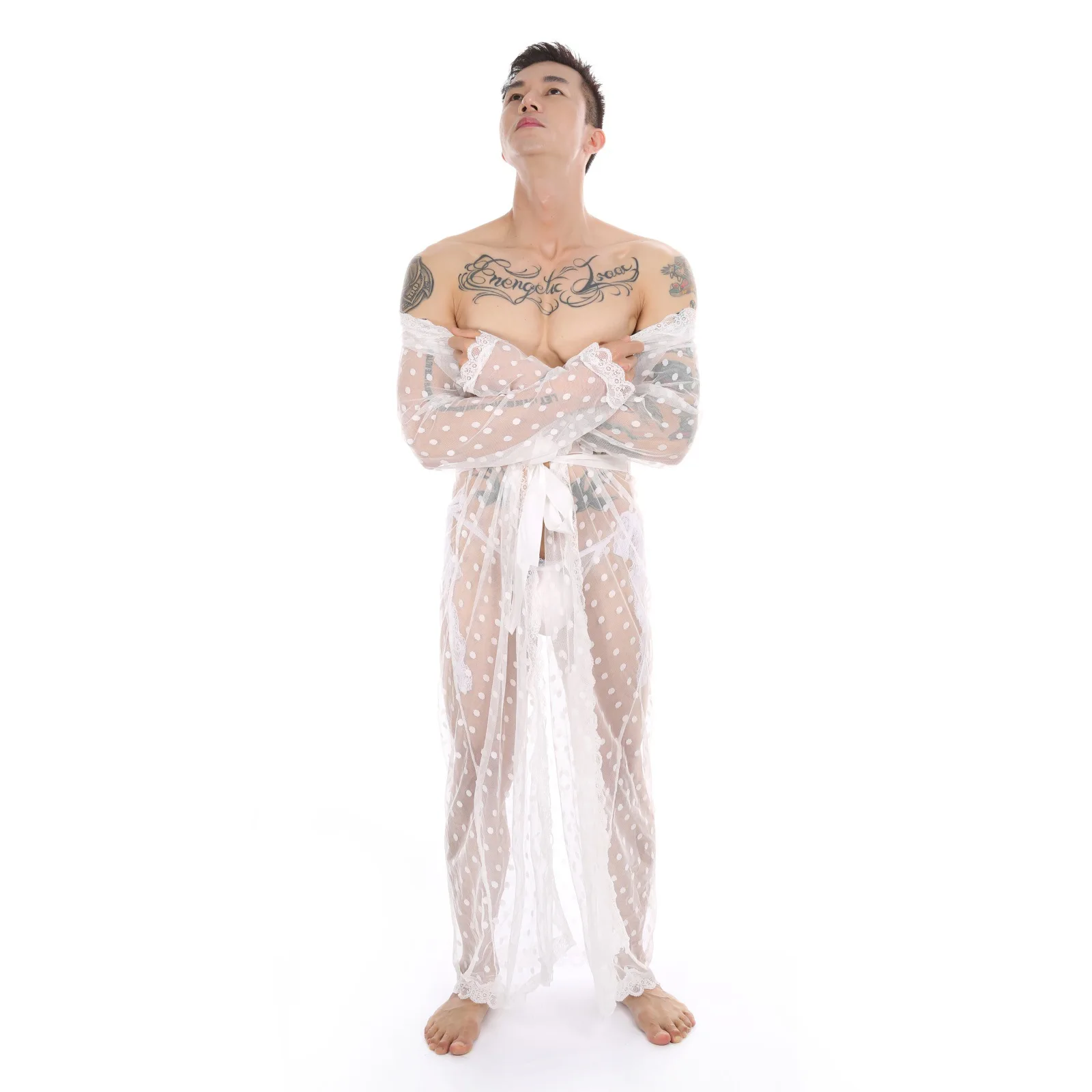 

Men Super Sexy Thong Home Wear Set Lace Transparent Bathrobe