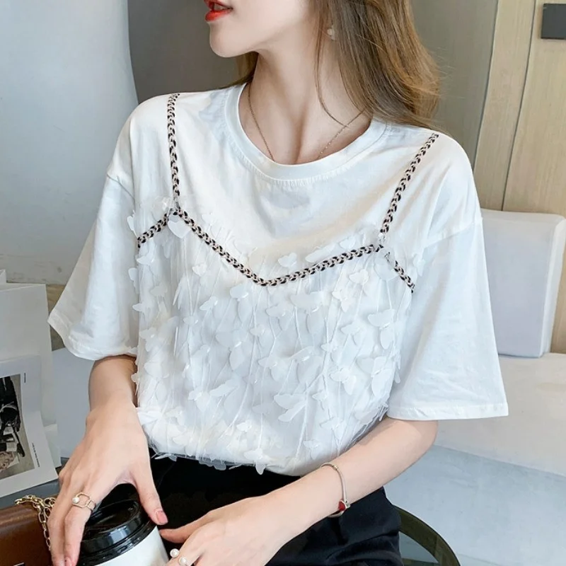 

Spring Summer New Korean Design 3D Petal Fake Two-Piece T-irt Women's Faion Versatile f Sve Top Sweet Sle Straigh...